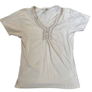90s Vintage Cotton Beige Lace Trim V Neck Short Sleeve T Shirt Womens M
